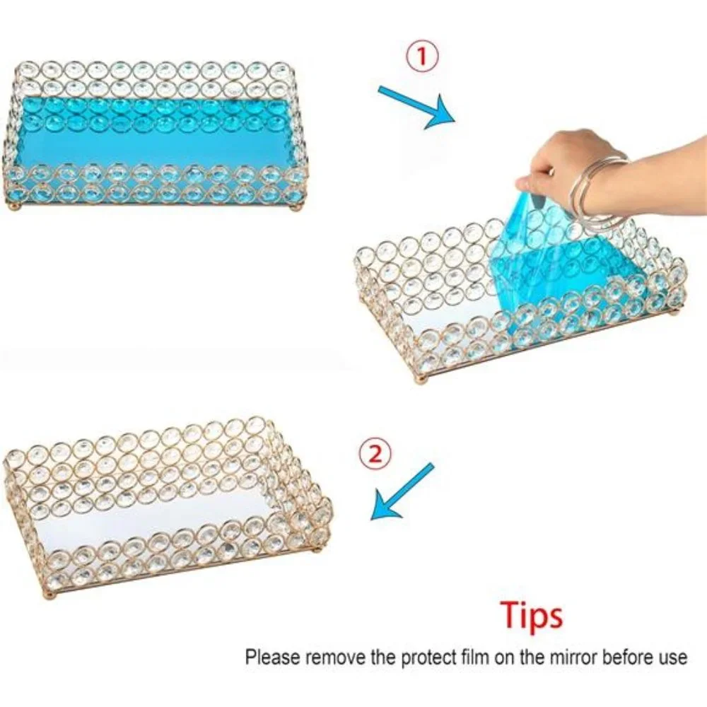 Crystal Mirrored Cosmetic Tray Vanity Rectangle Jewelry Trinket Organizer Tray